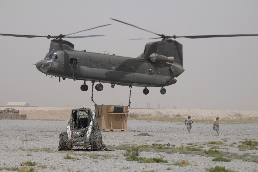 An Australian Army CH-47C Chinook assigned to the Australian Rotary Wing Group in Afghanistan supporting ground troops through ground and cargo movements on Aug.
